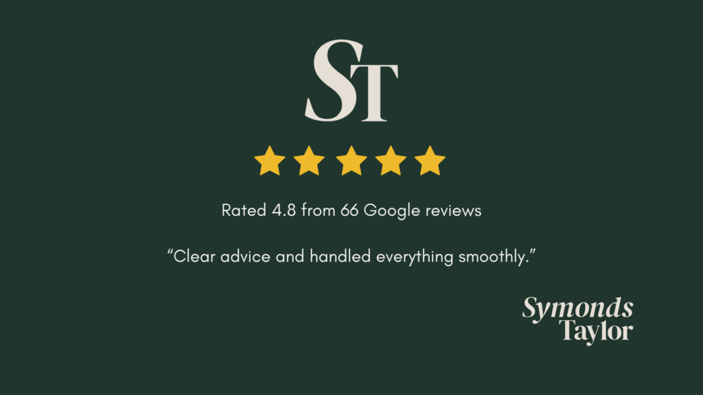 Five star review for Symonds Taylor showing 4.8 rating from 66 Google reviews with client feedback “Clear advice and handled everything smoothly”