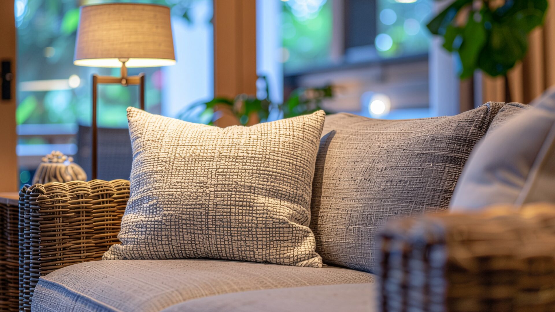 Cosy sofa with cushions in a living room
